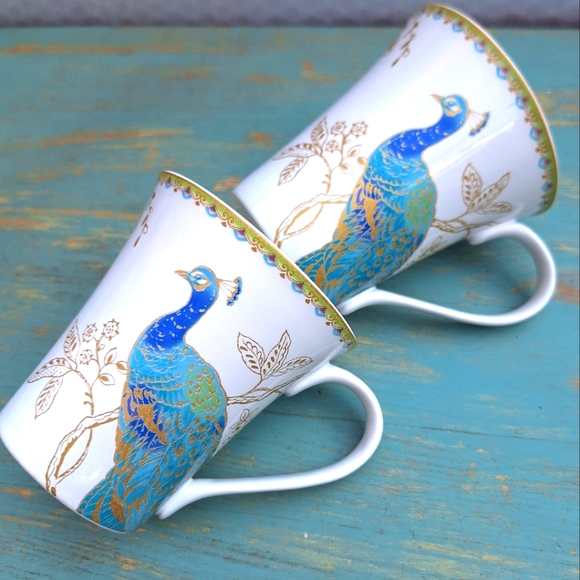 2 Peacock Mugs Coffee Cup Porcelain Teacup Bird Lover Gift Replacement - Picture 2 of 16